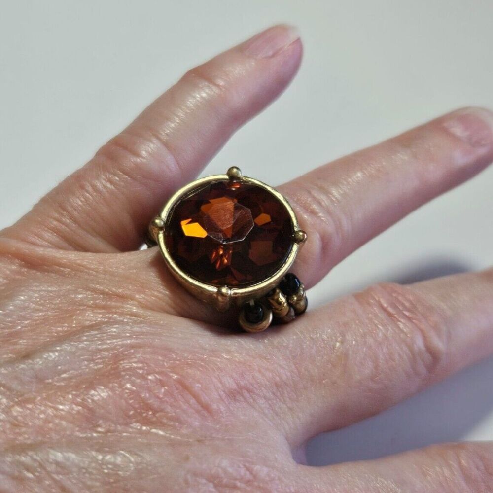 Beaded gold tone rhinestone ring